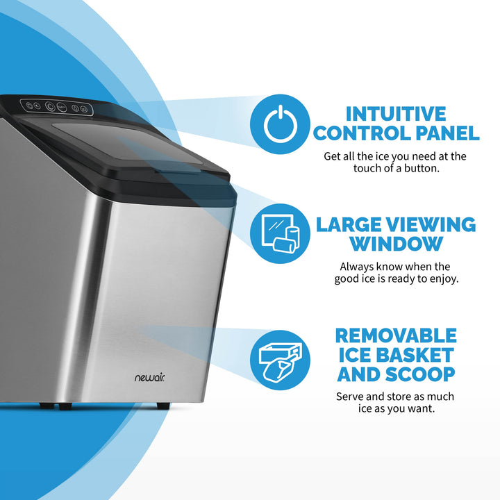 Newair 30 Lb. Countertop Nugget Ice Maker with Slim, Space-Saving Design, Self-Cleaning Function, Automatic Water Line and Refillable Water Tank, Perfect for Kitchens, Offices, Boats, and More (NIM030SS00)