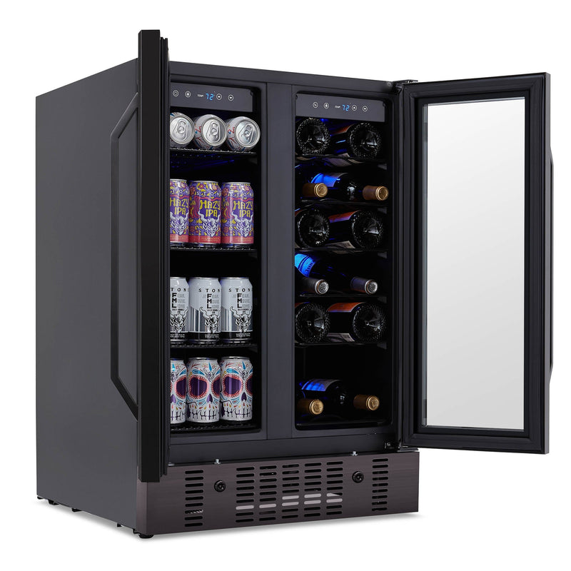 Newair 24” Built-in Dual Zone 18 Bottle and 58 Can Wine and Beverage Refrigerator and Cooler in Black Stainless Steel with French Doors and Adjustable Shelves (NWB076BS00)