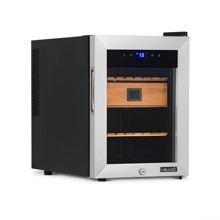 PRE-ORDER: Wrapped Newair Smoker's Club 250 Count Electric Cigar Humidor Wineador in Stainless Steel with Opti-Temp™ Heating and Cooling Function, Spanish Cedar Shelves, Digital Thermostat, and Security Lock and Key