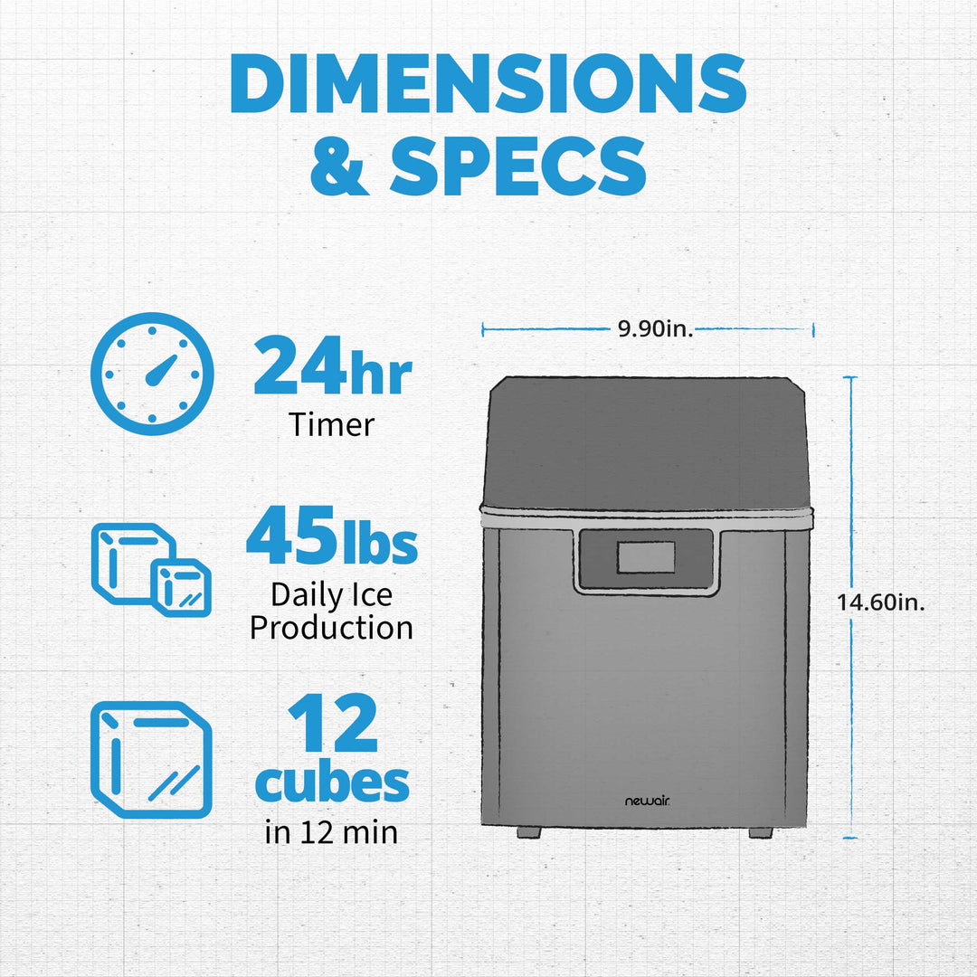 Newair Countertop Clear Ice Maker, 45 lbs. of Ice a Day with FrozenFallTM Technology, Custom Ice Thickness Settings, 1-Gallon Water Bottle Dispenser, 24-Hour Timer, Automatic Self-Cleaning Function, BPA-Free Parts and Oversized Ice Viewing Window