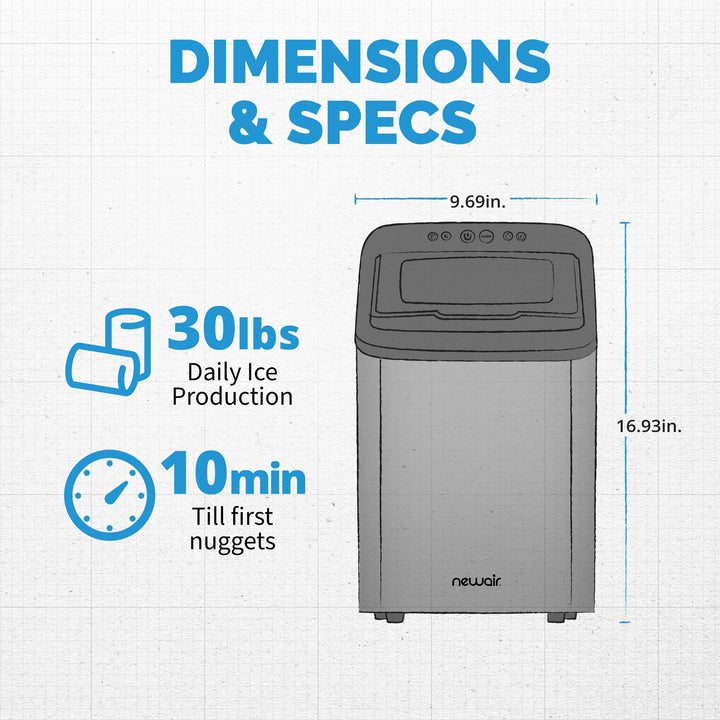 Newair 30 Lb. Countertop Nugget Ice Maker with Slim, Space-Saving Design, Self-Cleaning Function, Automatic Water Line and Refillable Water Tank, Perfect for Kitchens, Offices, Boats, and More (NIM030SS00)