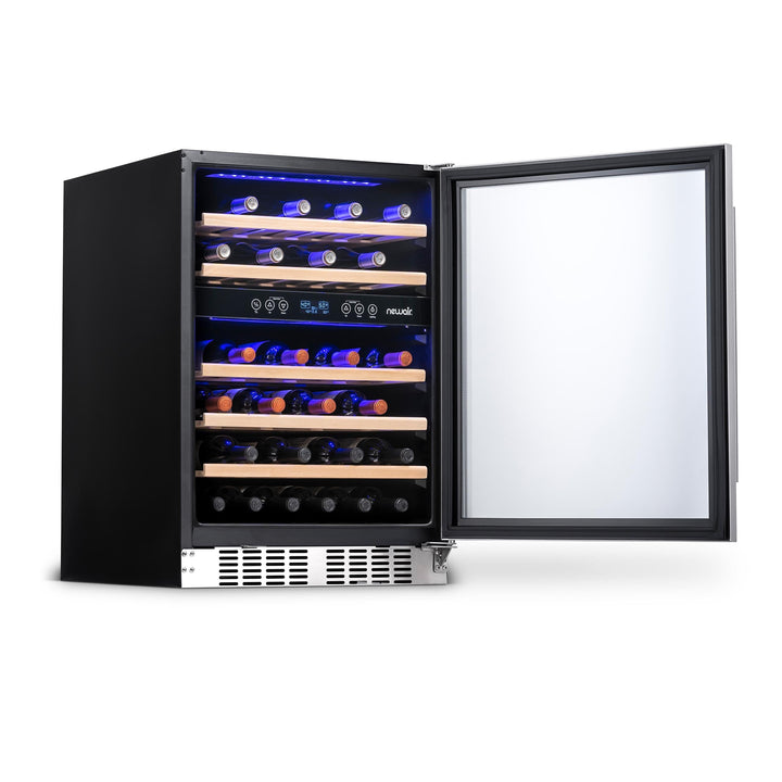 Newair  24” Built-in 46 Bottle Dual Zone Wine Fridge in Stainless Steel, Quiet Operation with Beech Wood Shelves