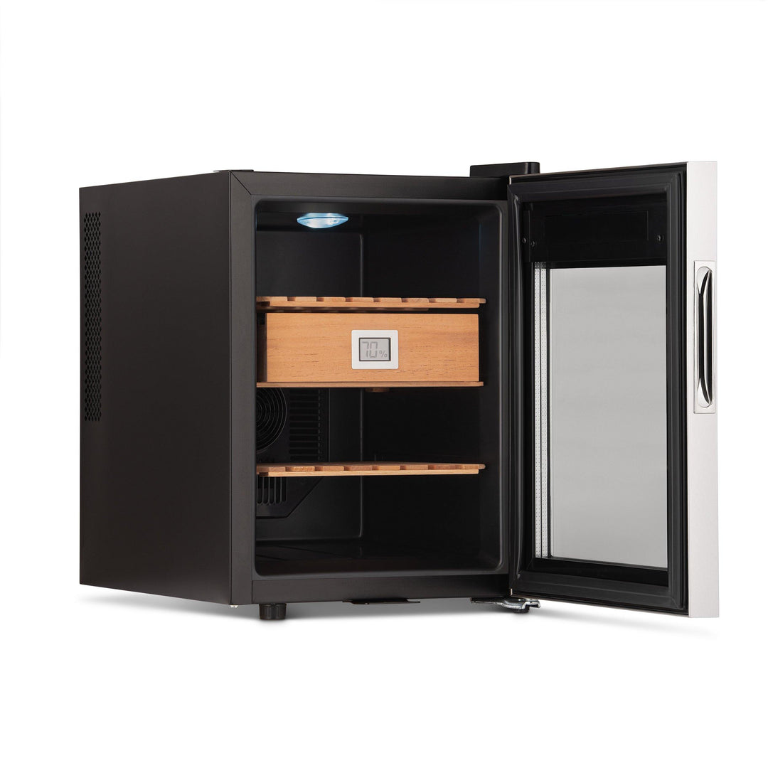 Newair 250 Count Electric Cigar Humidor Wineador in Stainless Steel with Opti-Temp™ Heating and Cooling Function, Spanish Cedar Shelves, Digital Thermostat, and Security Lock and Key