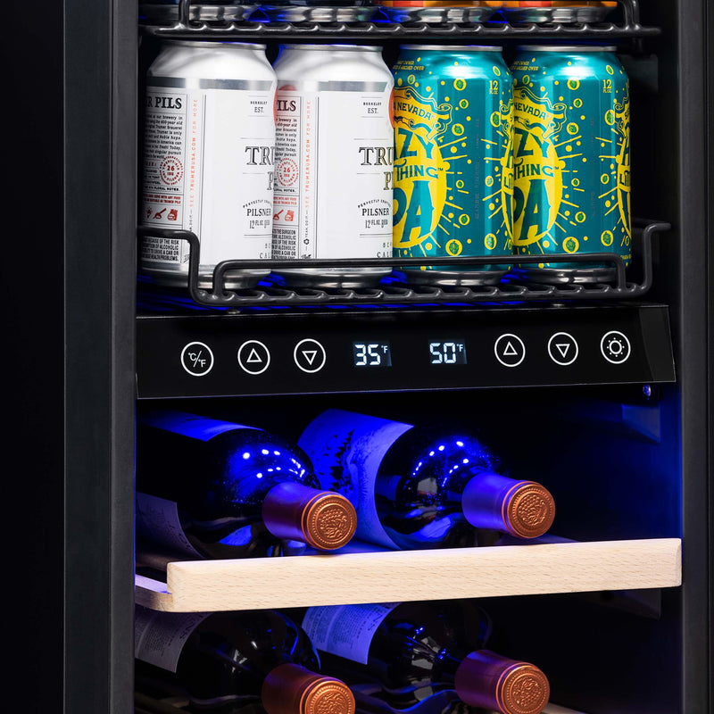 Newair 15” Premium Built-in Dual Zone 9 Bottle and 48 Can Wine and Beverage Fridge in Stainless Steel with SplitShelf™ (NWB057SS00)