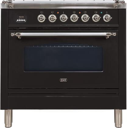 ILVE 36 in. Nostalgie Series Single Oven Natural Gas Burner and Oven in Glossy Black with Chrome Trim, UPN90FVGGNXNG