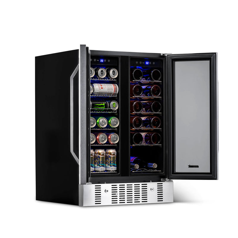 Newair 24” Built-in Dual Zone 18 Bottle and 58 Can Wine and Beverage Fridge in Stainless Steel with Chrome Shelves (AWB-360DB)