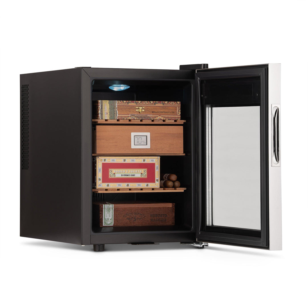 Newair 250 Count Electric Cigar Humidor Wineador in Stainless Steel with Opti-Temp™ Heating and Cooling Function, Spanish Cedar Shelves, Digital Thermostat, and Security Lock and Key