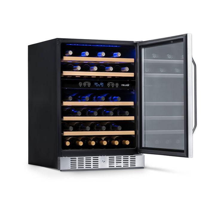 Newair  24” Built-in 46 Bottle Dual Zone Wine Fridge in Stainless Steel, Quiet Operation with Beech Wood Shelves