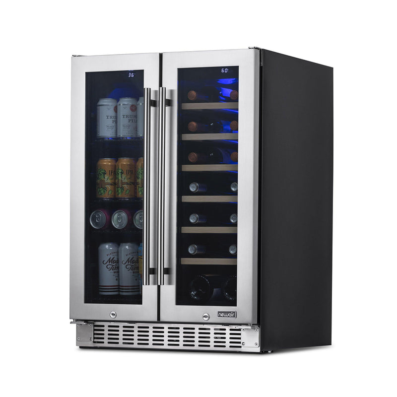 Newair 24” Premium Built-in Dual Zone 20 Bottle and 60 Can French Door Wine and Beverage Fridge in Stainless Steel with SplitShelf™ and Beech Wood Shelves (NWB080SS00)