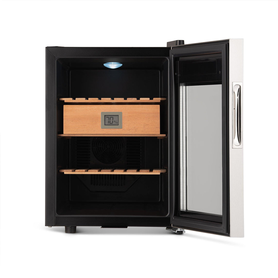 Newair 250 Count Electric Cigar Humidor Wineador in Stainless Steel with Opti-Temp™ Heating and Cooling Function, Spanish Cedar Shelves, Digital Thermostat, and Security Lock and Key