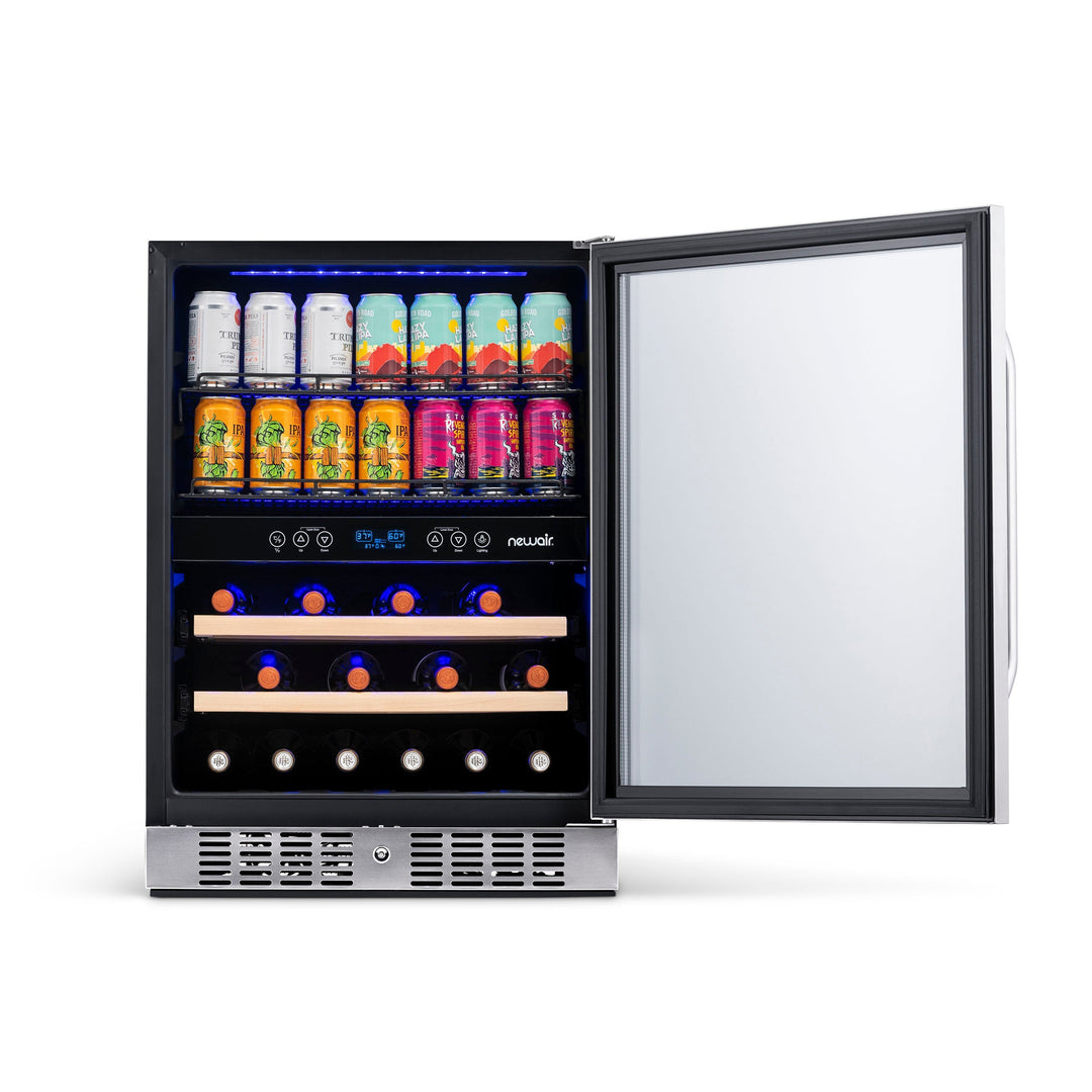 Newair 24” Built-in Dual Zone 20 Bottle and 70 Can Wine and Beverage Fridge in Stainless Steel with SplitShelf™ and Smooth Rolling Shelves (AWB-400DB)