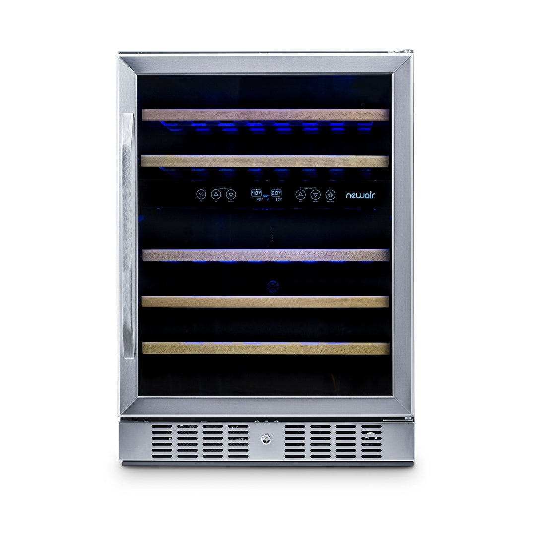 Newair  24” Built-in 46 Bottle Dual Zone Wine Fridge in Stainless Steel, Quiet Operation with Beech Wood Shelves