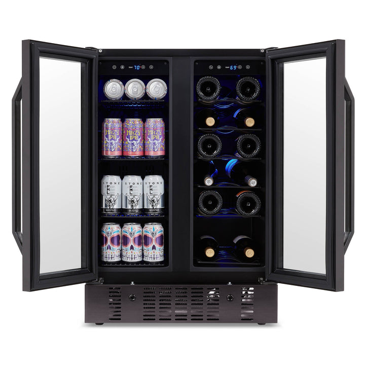 Newair 24” Built-in Dual Zone 18 Bottle and 58 Can Wine and Beverage Refrigerator and Cooler in Black Stainless Steel with French Doors and Adjustable Shelves (NWB076BS00)
