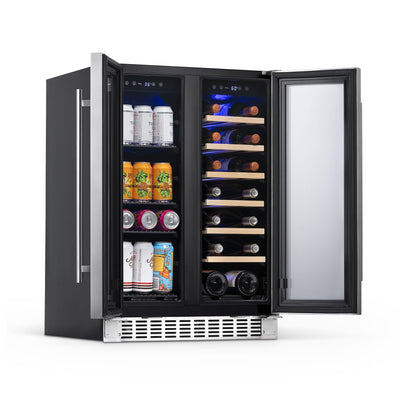 Newair 24” Premium Built-in Dual Zone 20 Bottle and 60 Can French Door Wine and Beverage Fridge in Stainless Steel with SplitShelf™ and Beech Wood Shelves (NWB080SS00)