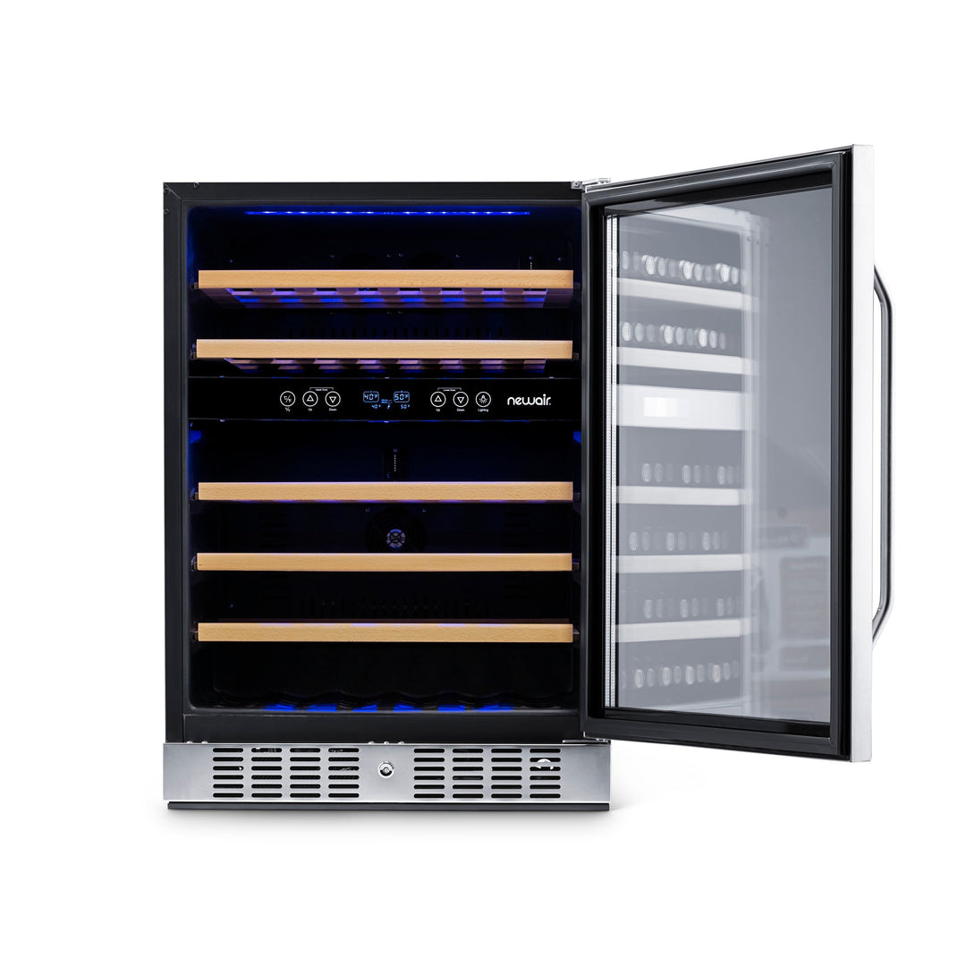 Newair  24” Built-in 46 Bottle Dual Zone Wine Fridge in Stainless Steel, Quiet Operation with Beech Wood Shelves