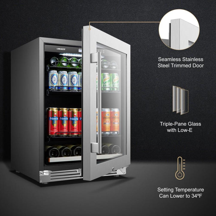 LanboPro LP54BC 24 Inch Stainless Steel Undercounter Beverage Refrigerator - 118 Can Capacity Triple-Layer Tempered Glass Door