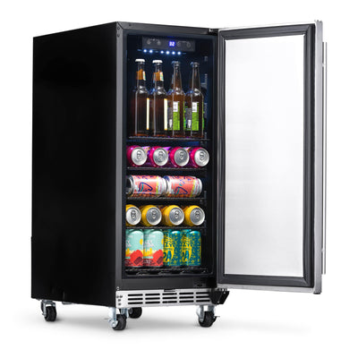 Newair 15” Built-in 90 Can Outdoor Beverage Fridge in Weatherproof Stainless Steel with Auto-Closing Door and Easy Glide Casters (NOF090SS00)