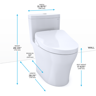 TOTO Aquia IV Elongated Bowl, Washlet+ S500E Dual-Flush One-Piece Toilet, 1.28 & 0.8 GPF, Universal Height - MW6463056CEMFG