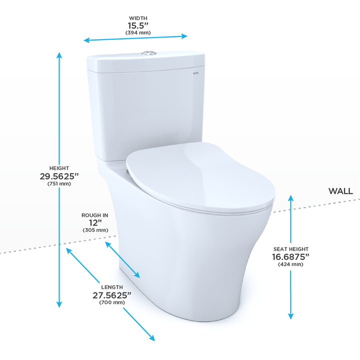 TOTO Aquia IV Elongated Bowl with Slim SoftClose Seat, Dual-Flush Two-Piece Toilet, 1.28 & 0.8 GPF, Washlet+ Compatible, Universal Height - MS446234CEMF