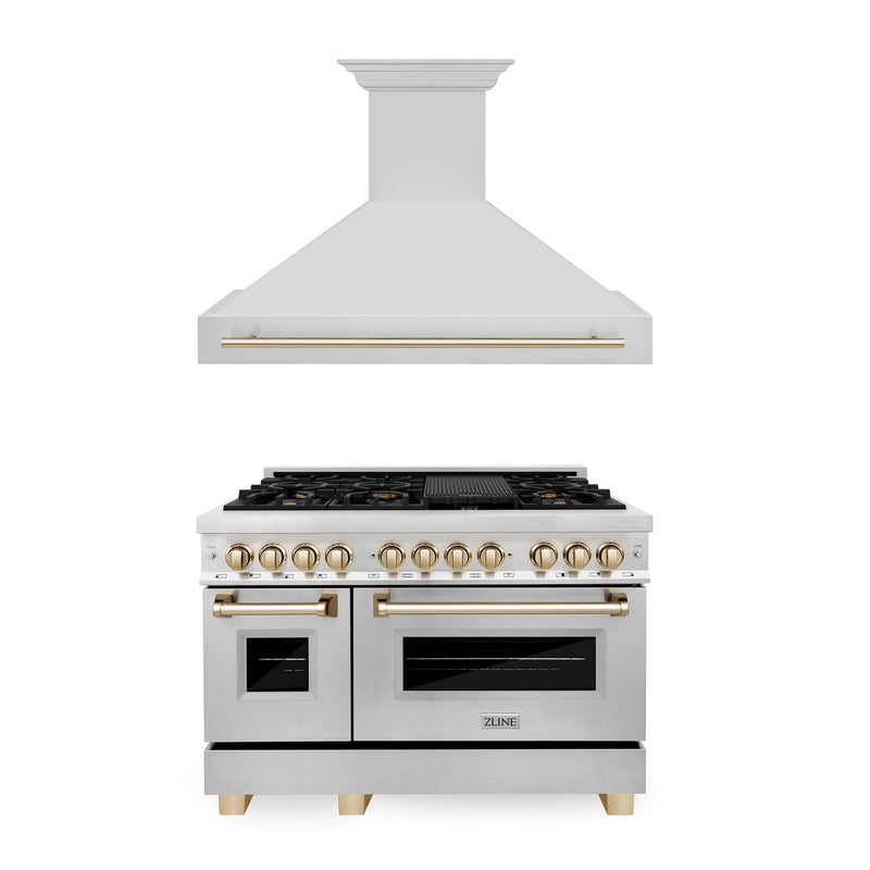 ZLINE 48" Autograph Edition Kitchen Package with Stainless Steel Dual Fuel Range and Range Hood with Champagne Bronze Accents (2AKP-RARH48-CB)