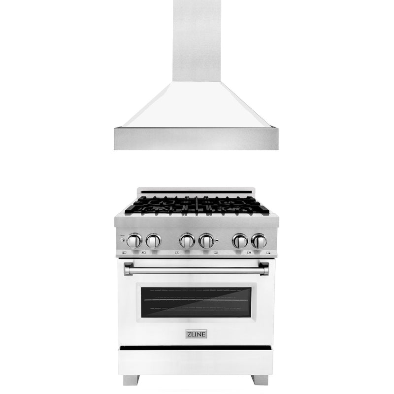 ZLINE 30" Kitchen Package with DuraSnow® Stainless Steel Dual Fuel Range with White Matte Door and Convertible Vent Range Hood (2KP-RASWMRH30)