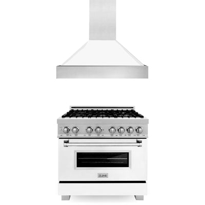 ZLINE 36" Kitchen Package with DuraSnow® Stainless Steel Dual Fuel Range with White Matte Door and Convertible Vent Range Hood (2KP-RASWMRH36)