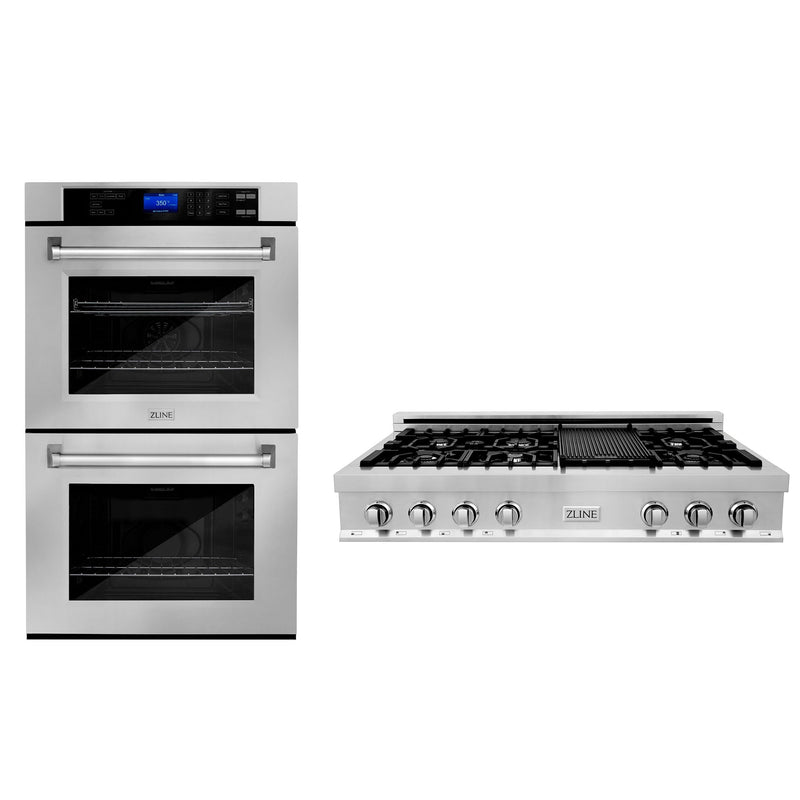 ZLINE Kitchen Package with 48" Stainless Steel Rangetop and 30" Double Wall Oven (2KP-RTAWD48)