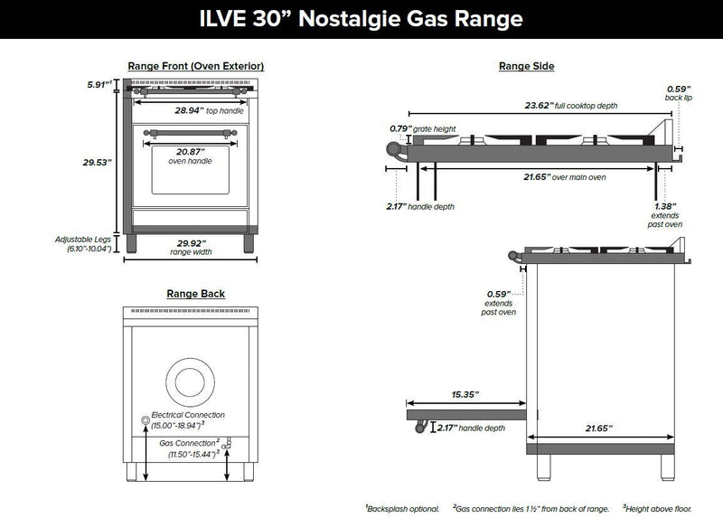 ILVE 30" Nostalgie Series Freestanding Single Oven Gas Range with 5 Sealed Burners (UPN76DVG)