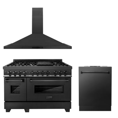 ZLINE 48" Kitchen Package with Black Stainless Steel Dual Fuel Range, Convertible Vent Range Hood and Dishwasher (3KP-RABRH48-DW)