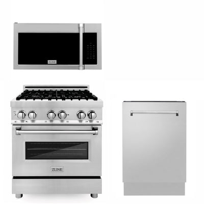 ZLINE 30" Kitchen Package with Stainless Steel Dual Fuel Range, Traditional Over The Range Microwave and Tall Tub Dishwasher (3KP-RAOTRH30-DWV)