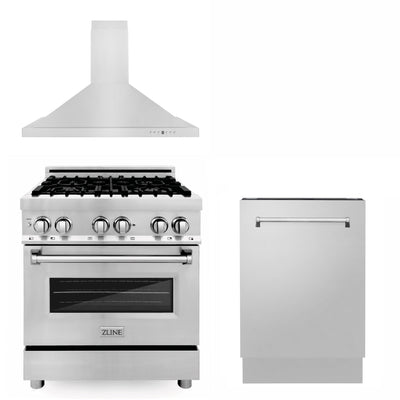 ZLINE 30" Kitchen Package with Stainless Steel Dual Fuel Range, Convertible Vent Range Hood and 3rd Rack Dishwasher (3KP-RARH30-DWV)