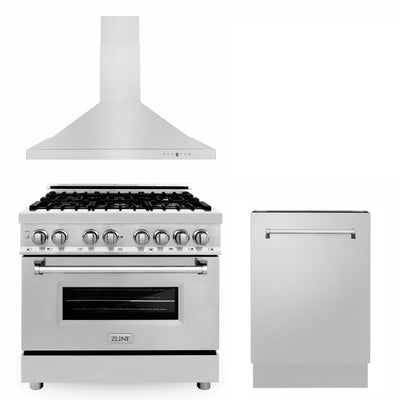 ZLINE 36" Kitchen Package with Stainless Steel Dual Fuel Range, Convertible Vent Range Hood and Tall Tub Dishwasher (3KP-RARH36-DWV)