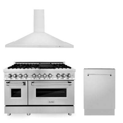 ZLINE 48" Kitchen Package with Stainless Steel Dual Fuel Range, Convertible Vent Range Hood and Tall Tub Dishwasher (3KP-RARH48-DWV)