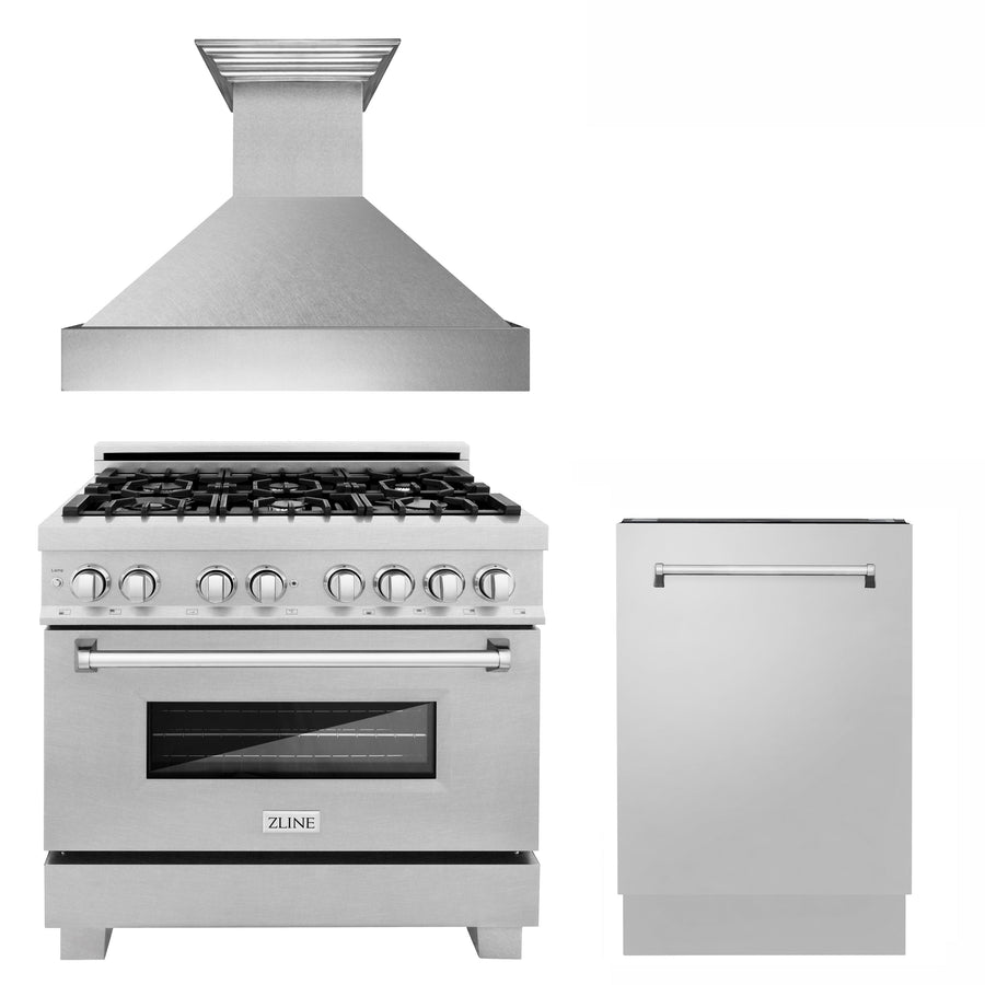 ZLINE 36" Kitchen Package with DuraSnow® Stainless Dual Fuel Range, Ducted Vent Range Hood and Tall Tub Dishwasher (3KP-RASRH36-DWV)