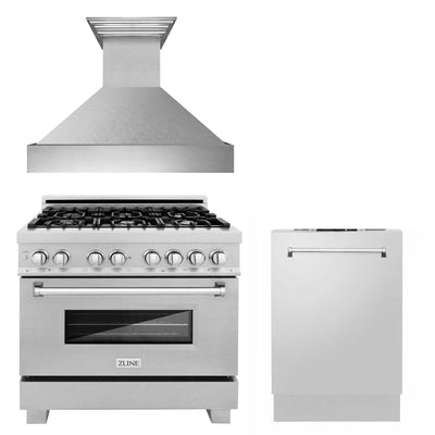 ZLINE 36" Kitchen Package with DuraSnow® Stainless Dual Fuel Range, Ducted Vent Range Hood and Dishwasher (3KP-RASRH36-DW)