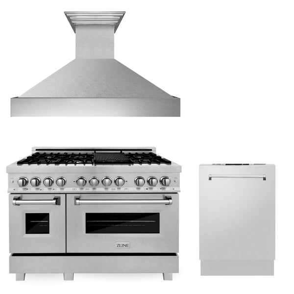 ZLINE 48" Kitchen Package with DuraSnow® Stainless Dual Fuel Range, Ducted Vent Range Hood and Dishwasher (3KP-RASRH48-DW)