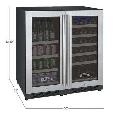Allavino 30" Wide FlexCount II Tru-Vino 30 Bottle/88 Can Dual Zone Stainless Steel Built-in Wine Refrigerator/Beverage Center (VSWB30-2SF20)