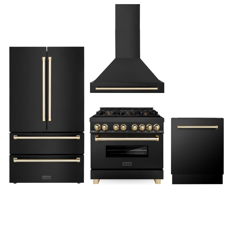 ZLINE 36" Autograph Edition Kitchen Package with Black Stainless Steel Dual Fuel Range, Range Hood, Dishwasher and Refrigeration with Gold Accents (4AKPR-RABRHDWV36-G)