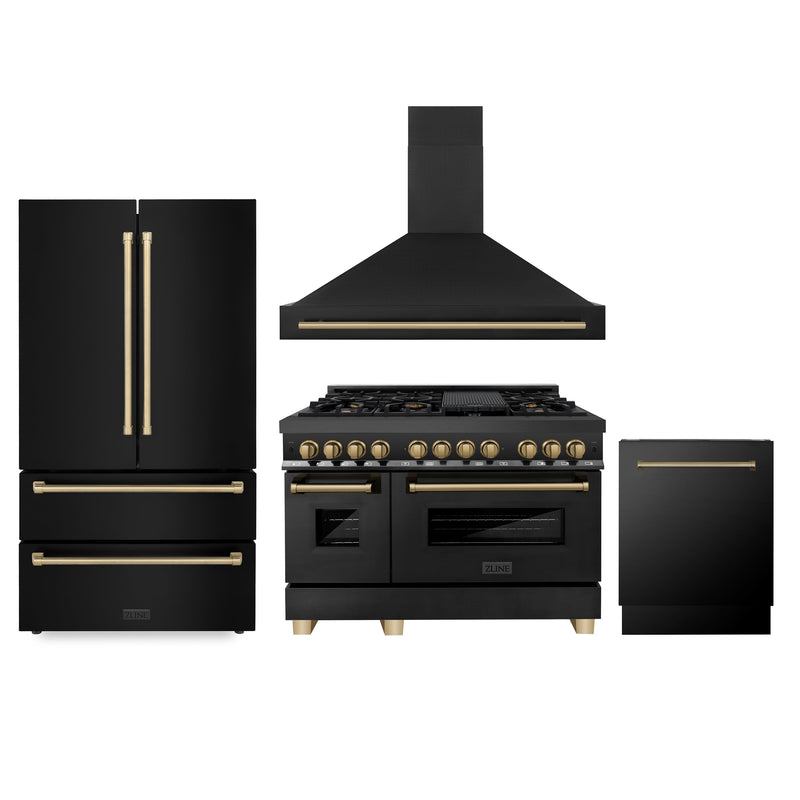 ZLINE 48" Autograph Edition Kitchen Package with Black Stainless Steel Dual Fuel Range, Range Hood, Dishwasher and Refrigeration with Champagne Bronze Accents (4AKPR-RABRHDWV48-CB)