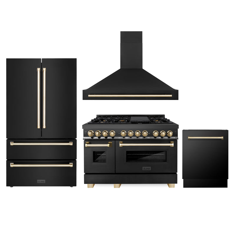 ZLINE 48" Autograph Edition Kitchen Package with Black Stainless Steel Dual Fuel Range, Range Hood, Dishwasher and Refrigeration with Gold Accents (4AKPR-RABRHDWV48-G)