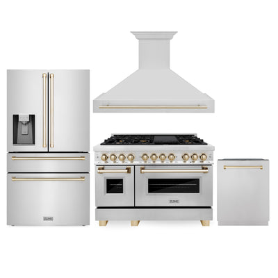 ZLINE 48" Autograph Edition Kitchen Package with Stainless Steel Dual Fuel Range, Range Hood, Dishwasher and Refrigeration with Gold Accents (4AKPR-RARHDWM48-G)