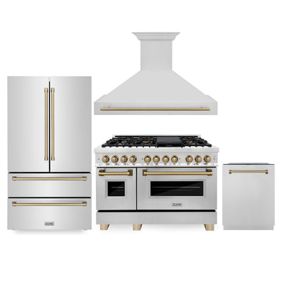 ZLINE 48" Autograph Edition Kitchen Package with Stainless Steel Dual Fuel Range, Range Hood, Dishwasher and Refrigeration with Champagne Bronze Accents (4KAPR-RARHDWM48-CB)