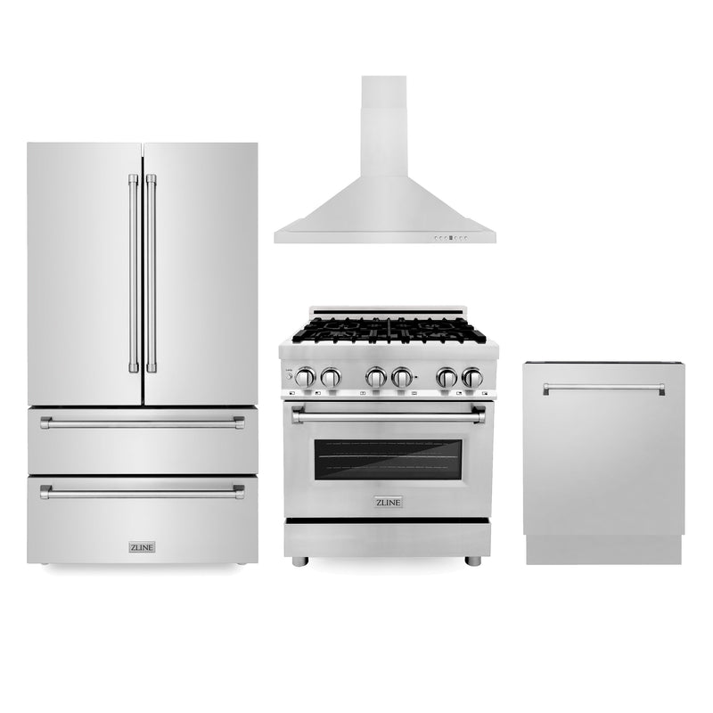 ZLINE Kitchen Package with Refrigeration, 30" Stainless Steel Dual Fuel Range, 30" Convertible Vent Range Hood and 24" Tall Tub Dishwasher (4KPR-RARH30-DWV)