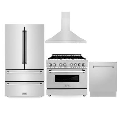 ZLINE Kitchen Package with Refrigeration, 36" Stainless Steel Dual Fuel Range, 36" Convertible Vent Range Hood and 24" Tall Tub Dishwasher (4KPR-RARH36-DWV)