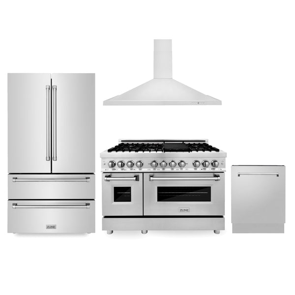 ZLINE Kitchen Package with Refrigeration, 48" Stainless Steel Dual Fuel Range, 48" Convertible Vent Range Hood and 24" Tall Tub Dishwasher (4KPR-RARH48-DWV)