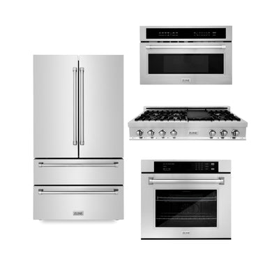 ZLINE Kitchen Package with Refrigeration, 48" Stainless Steel Rangetop, 30" Single Wall Oven, 30" Microwave Oven (4KPR-RT48-MWAWS)