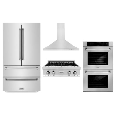 ZLINE Kitchen Package with Refrigeration, 30" Stainless Steel Rangetop, 30" Range Hood and 30" Double Wall Oven (4KPR-RTRH30-AWD)