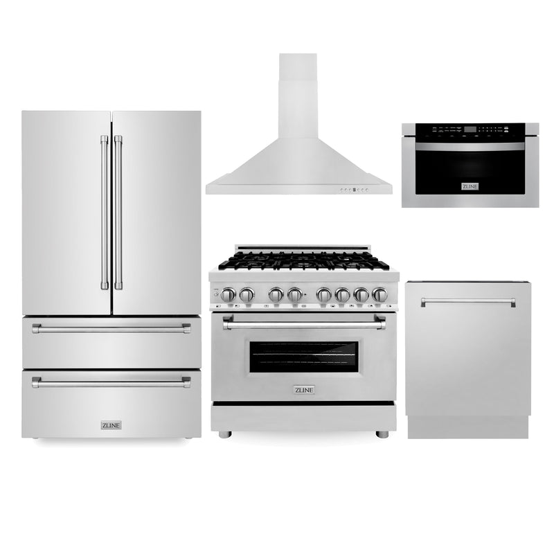ZLINE Kitchen Package with Refrigeration, 36" Stainless Steel Dual Fuel Range, 36" Convertible Vent Range Hood, 24" Microwave Drawer, and 24" Tall Tub Dishwasher (5KPR-RARH36-MWDWV)