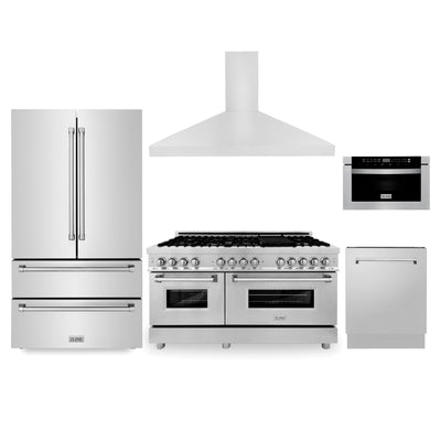 ZLINE Kitchen Package with Refrigeration, 60" Stainless Steel Dual Fuel Range, 60" Convertible Vent Range Hood, 24" Microwave Drawer, and 24" Tall Tub Dishwasher (5KPR-RARH60-MWDWV)