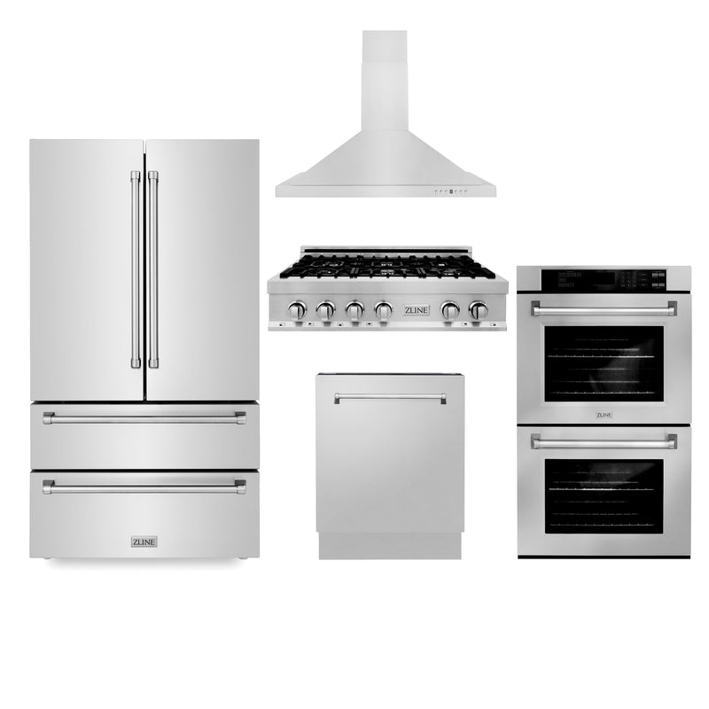 ZLINE Kitchen Package with Refrigeration, 36" Stainless Steel Gas Rangetop, 36" Convertible Vent Range Hood, 30" Double Wall Oven, and 24" Tall Tub Dishwasher (5KPR-RTRH36-AWDDWV)